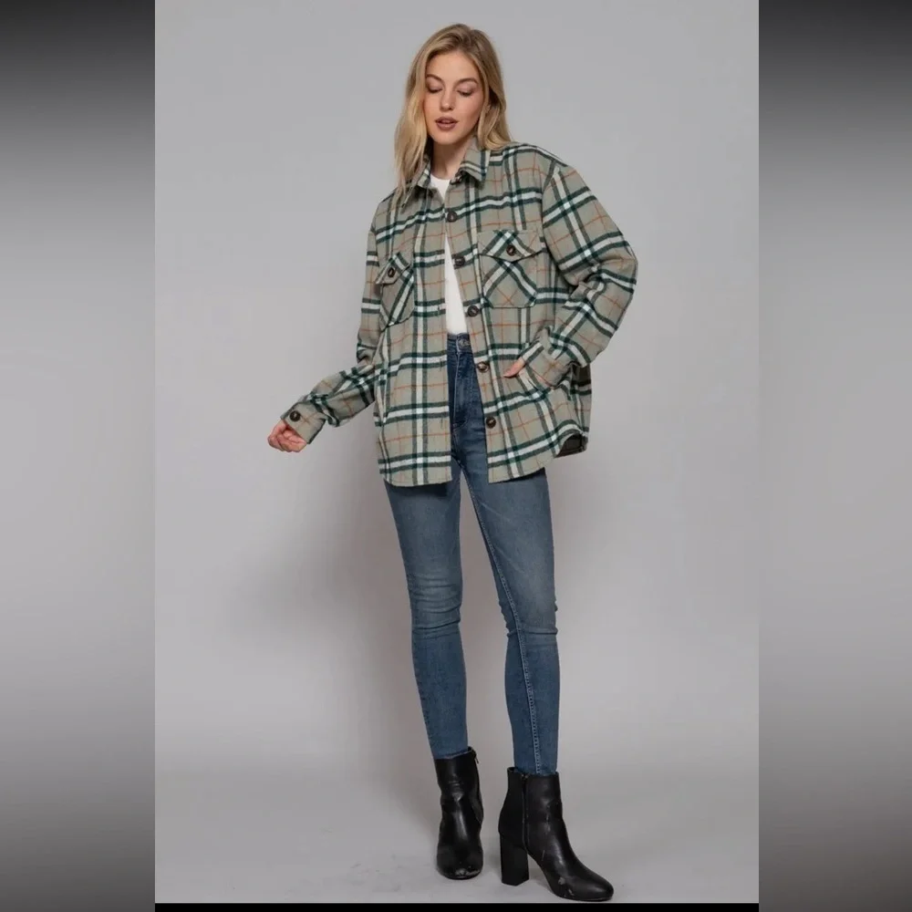037 - Plaid Button-Up Jacket - Green and Cream - Picture 2 of 3